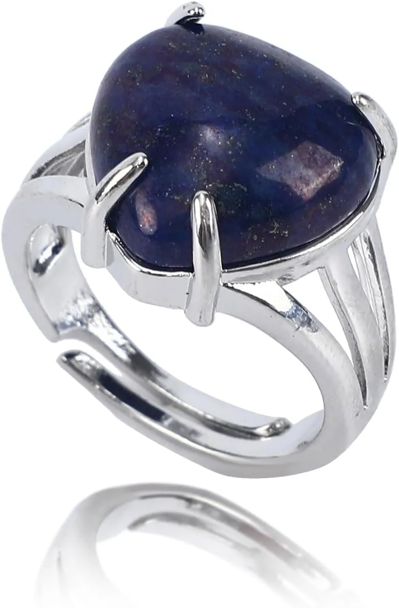 Natural Stone Rings for Women Silver Handmade Crystal Rings Adjustable Healing Crystal Rings Heart Gemstone Rings for Women Men