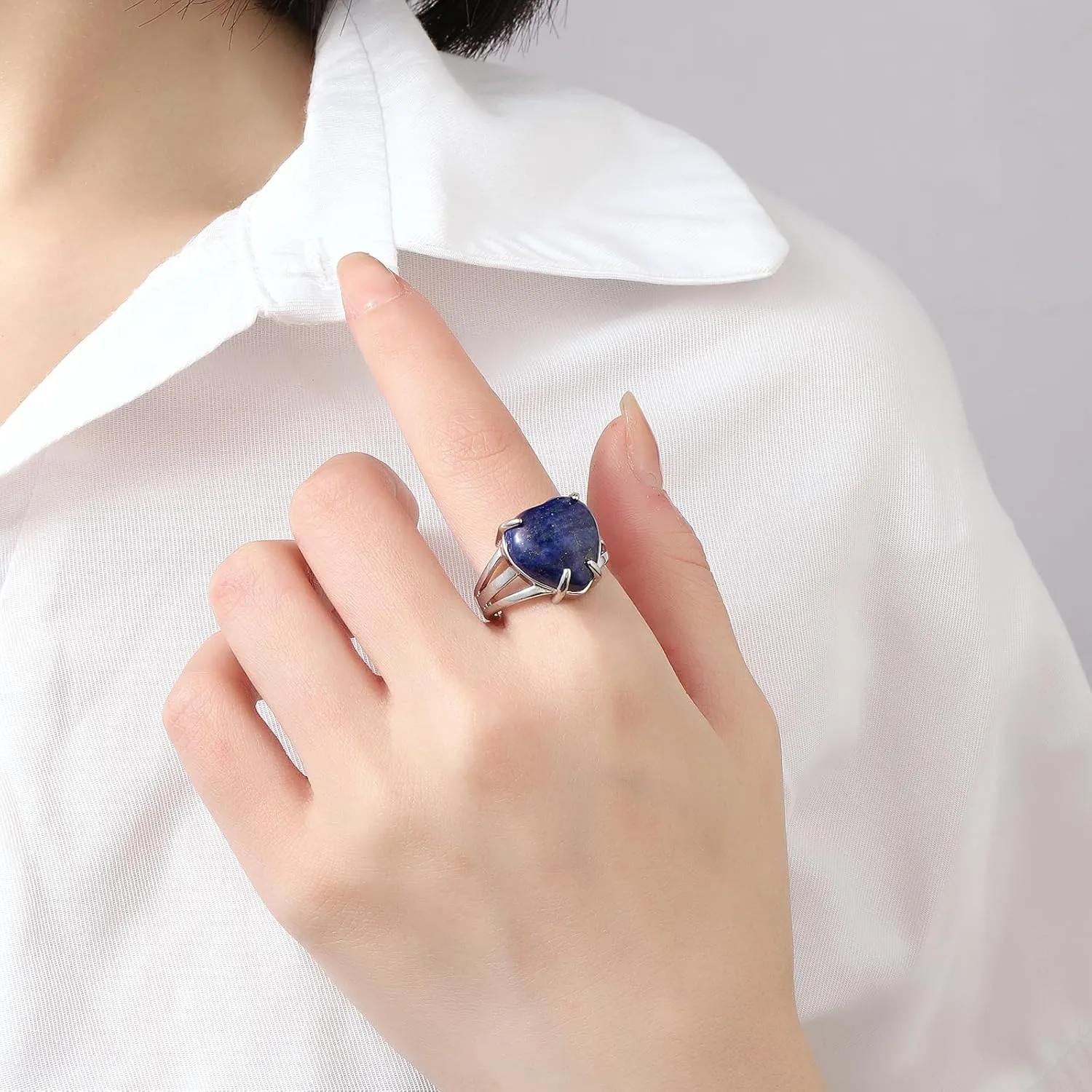 Natural Stone Rings for Women Silver Handmade Crystal Rings Adjustable Healing Crystal Rings Heart Gemstone Rings for Women Men