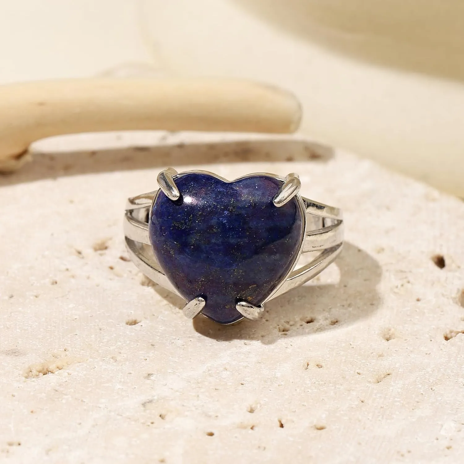 Natural Stone Rings for Women Silver Handmade Crystal Rings Adjustable Healing Crystal Rings Heart Gemstone Rings for Women Men