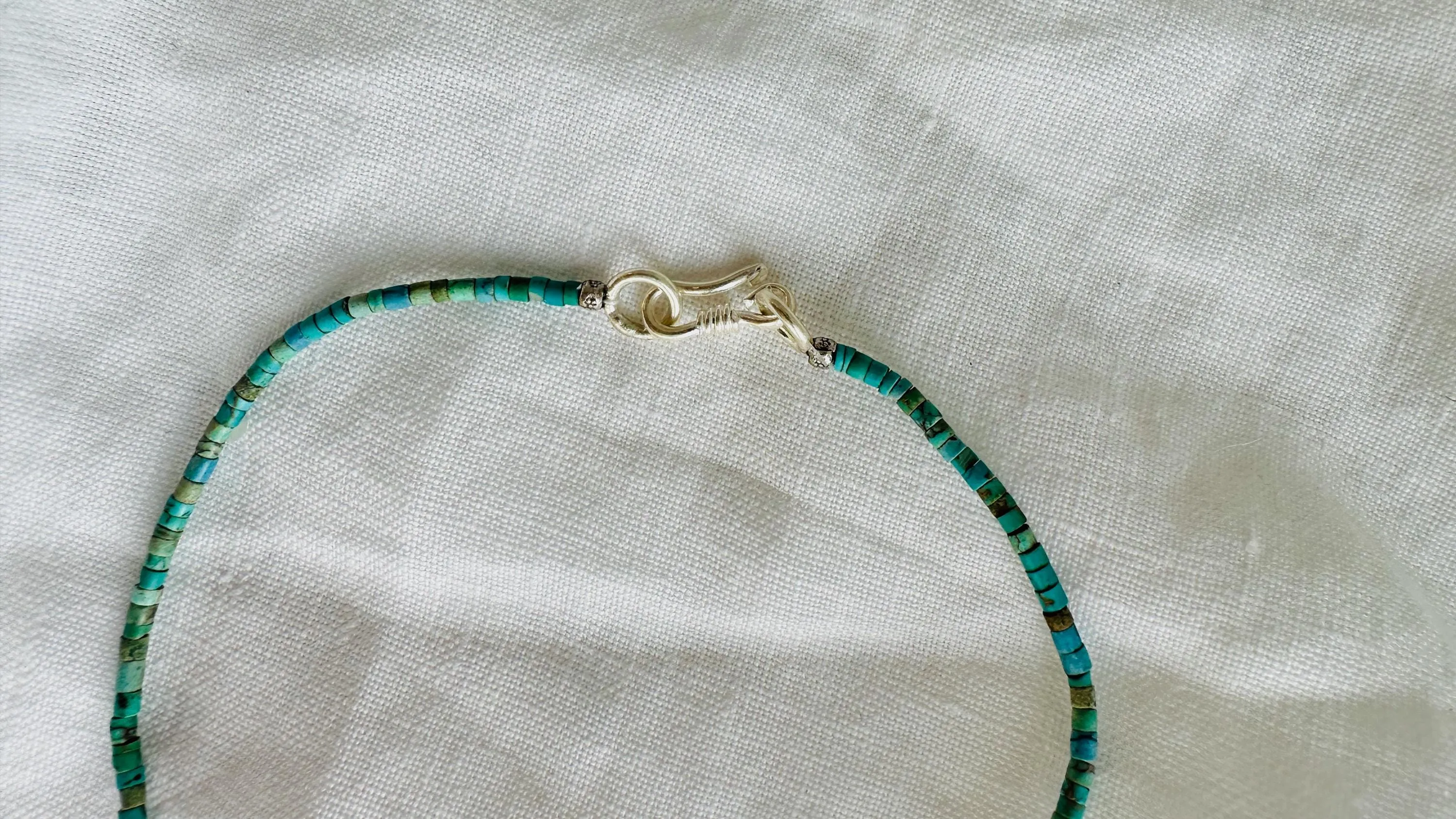 Natural Turquoise Necklace. Tiny Turquoise Heishi and Sterling Silver. 4064