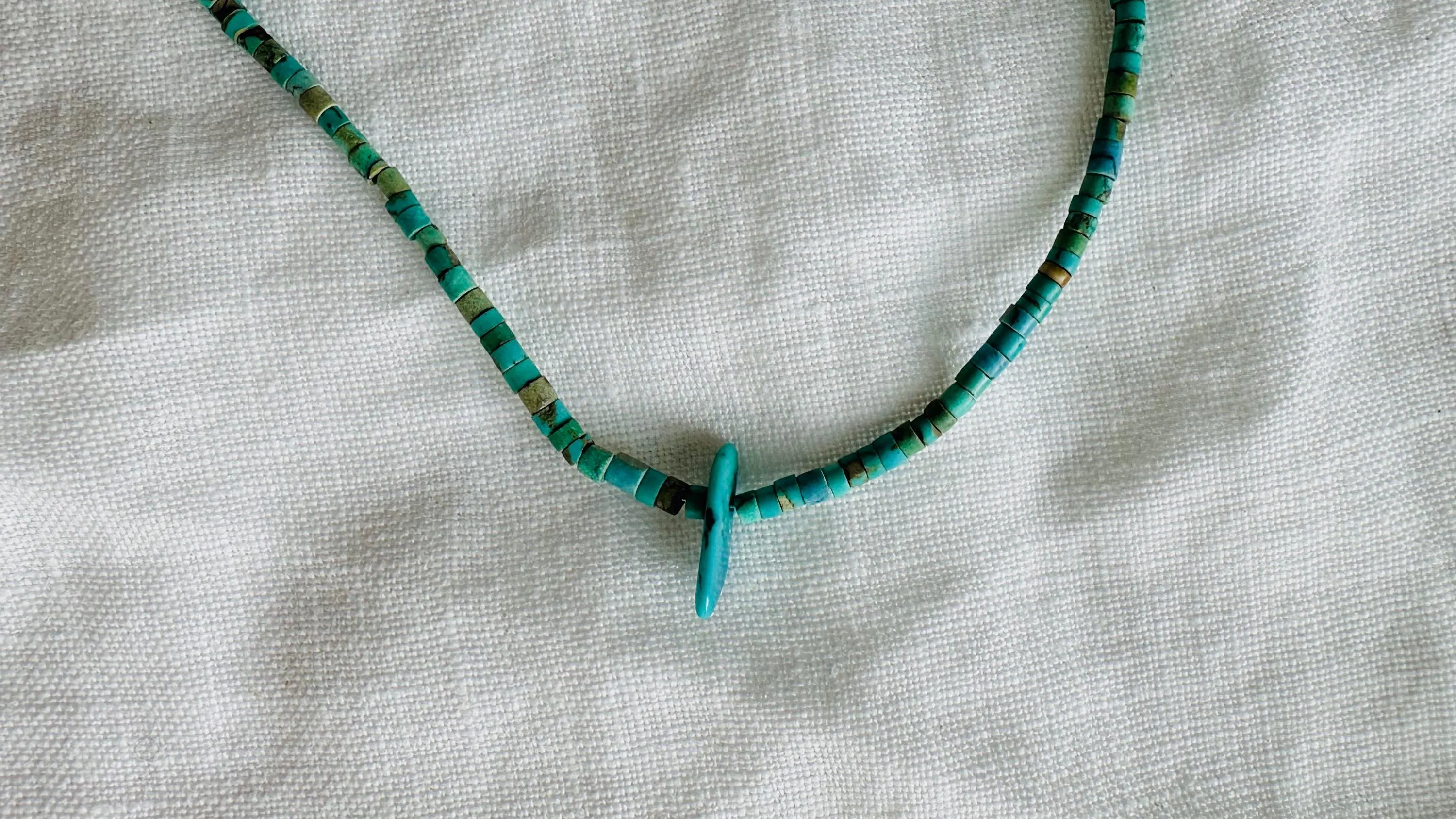 Natural Turquoise Necklace. Tiny Turquoise Heishi and Sterling Silver. 4064