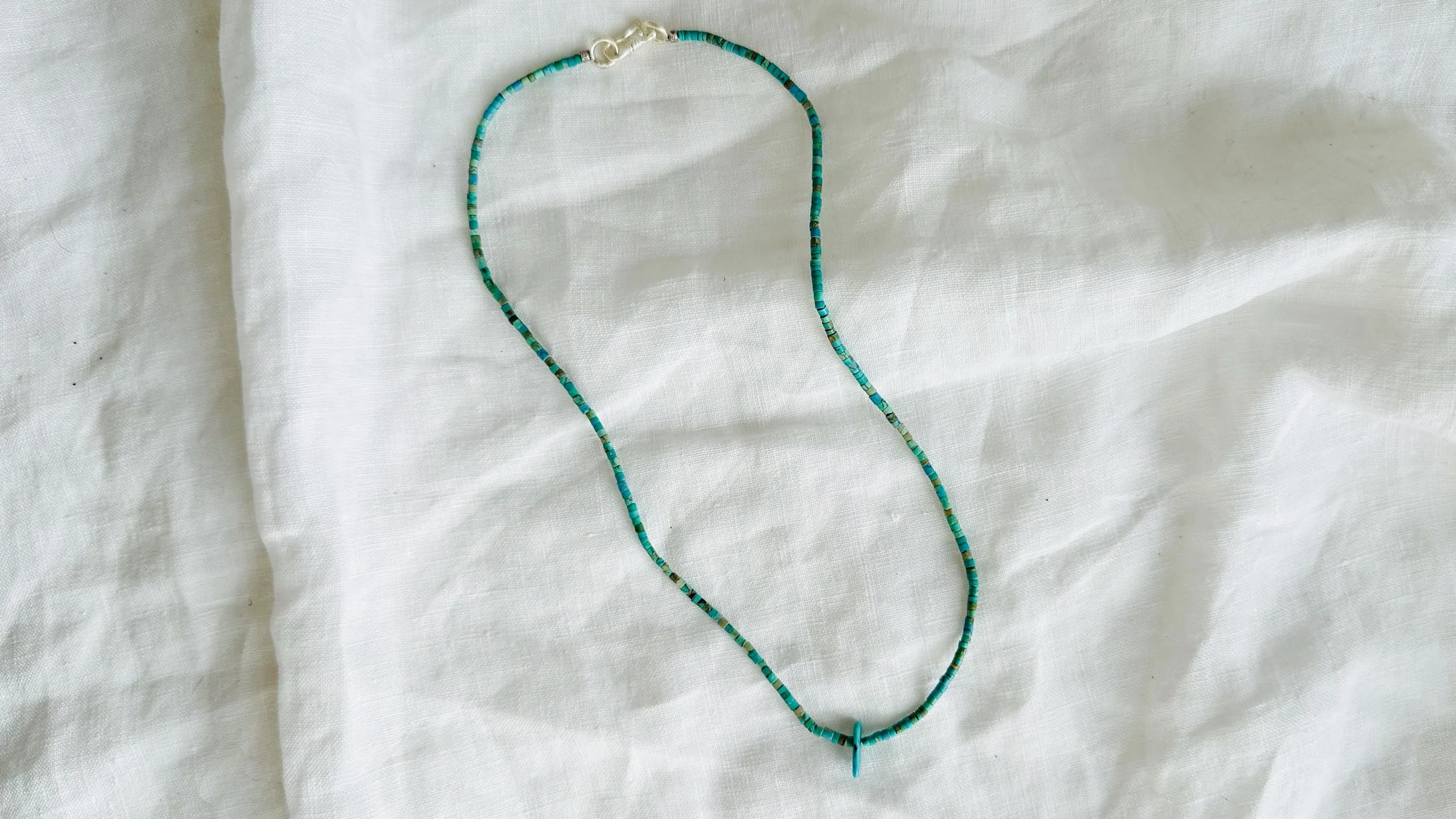 Natural Turquoise Necklace. Tiny Turquoise Heishi and Sterling Silver. 4064