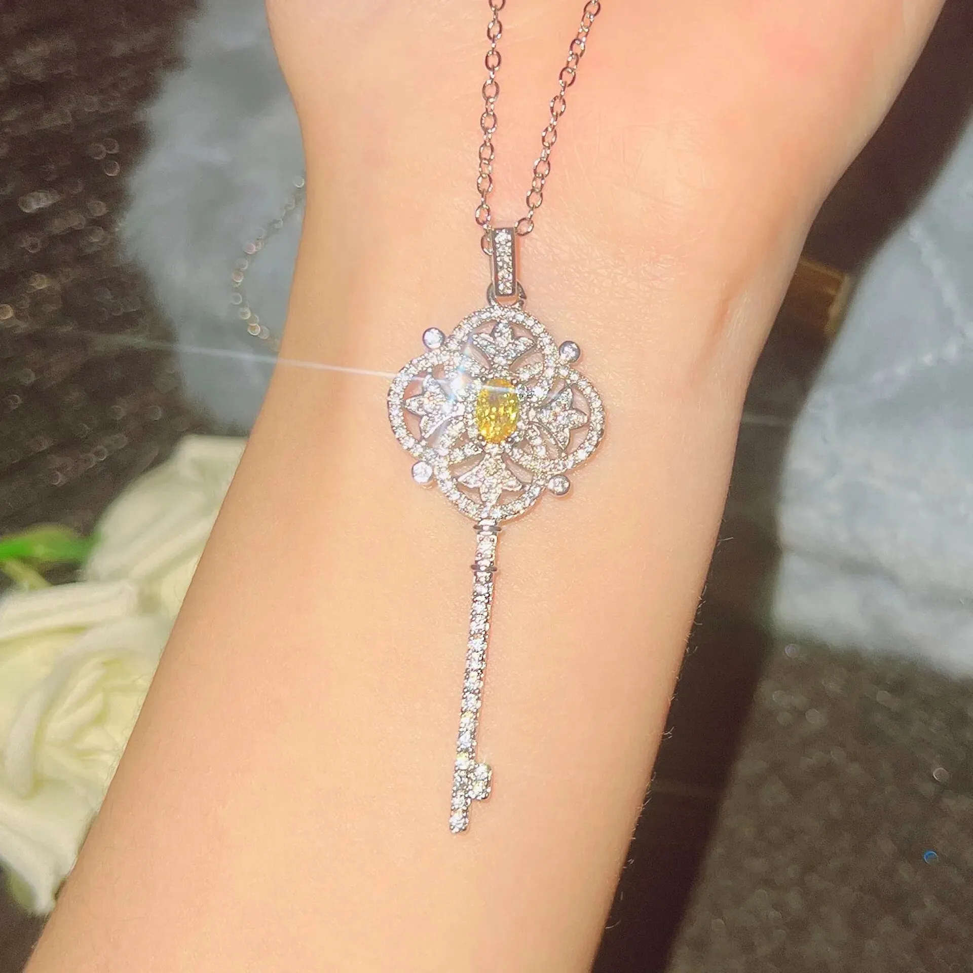New Silver Color Pavé Yellow Crystal Key Pendant Necklaces For Women