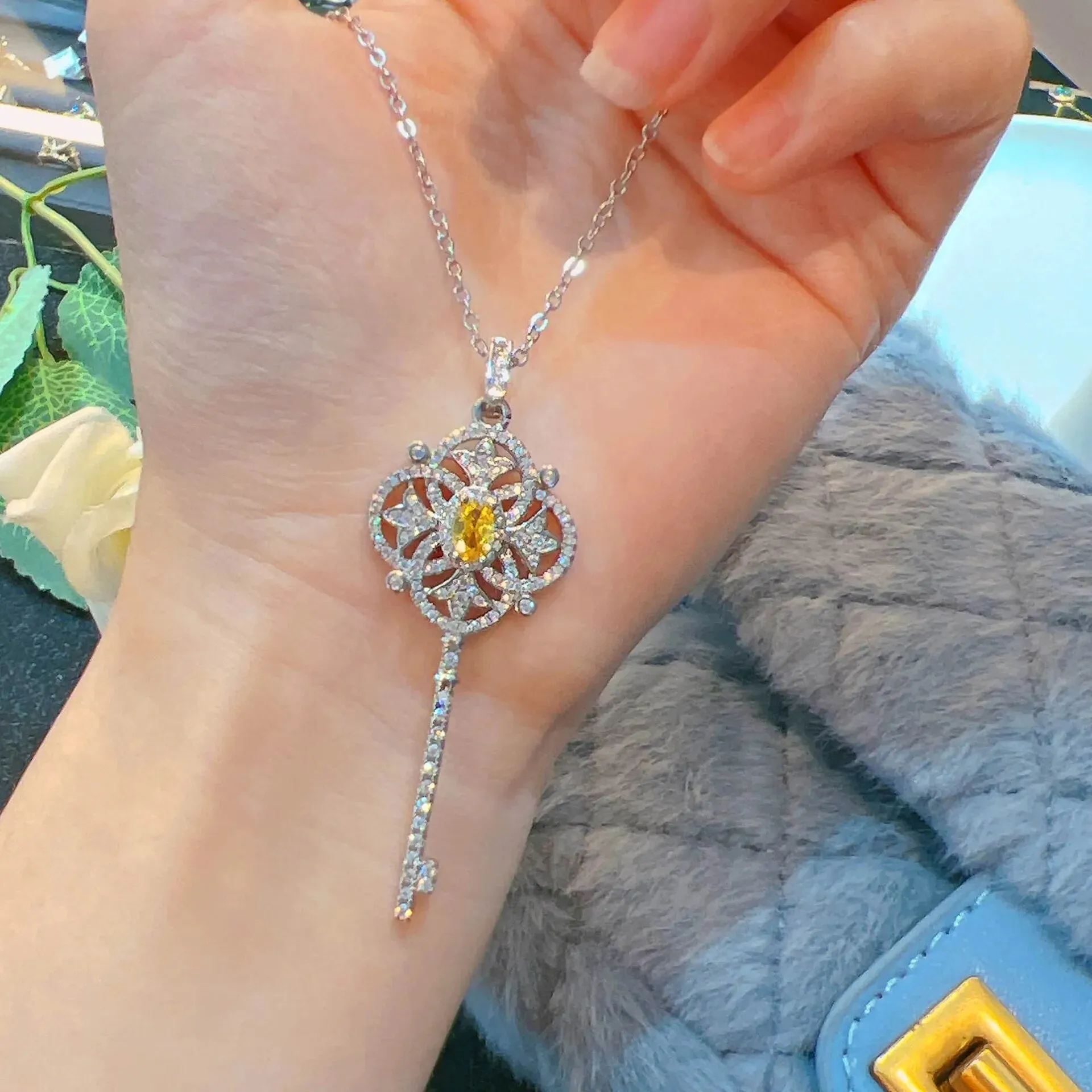 New Silver Color Pavé Yellow Crystal Key Pendant Necklaces For Women