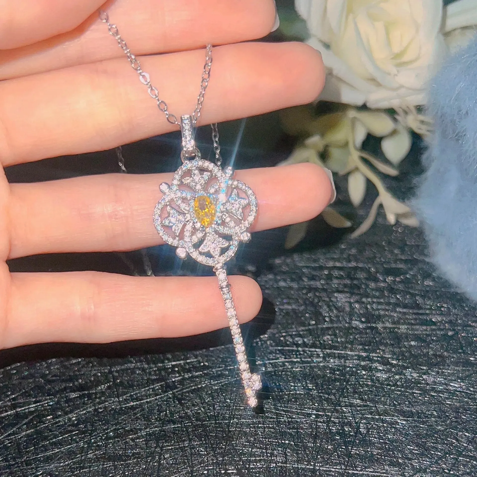 New Silver Color Pavé Yellow Crystal Key Pendant Necklaces For Women