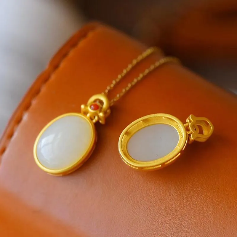 New silver inlaid natural Hetian  Chalcedony oval Egg Pendant Necklace
