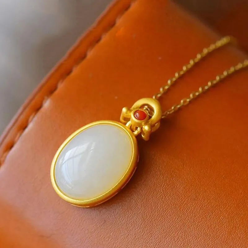 New silver inlaid natural Hetian  Chalcedony oval Egg Pendant Necklace