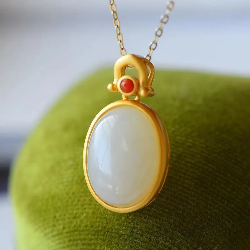 New silver inlaid natural Hetian  Chalcedony oval Egg Pendant Necklace