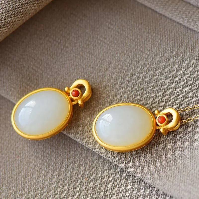 New silver inlaid natural Hetian  Chalcedony oval Egg Pendant Necklace