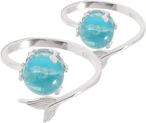NOLITOY 2pcs Adjustable Ocean Statement Rings Unique Mermaid Fish Design with Crystal Moonstone Versatile Jewelry for Women for Daily Wear and Special Occasions