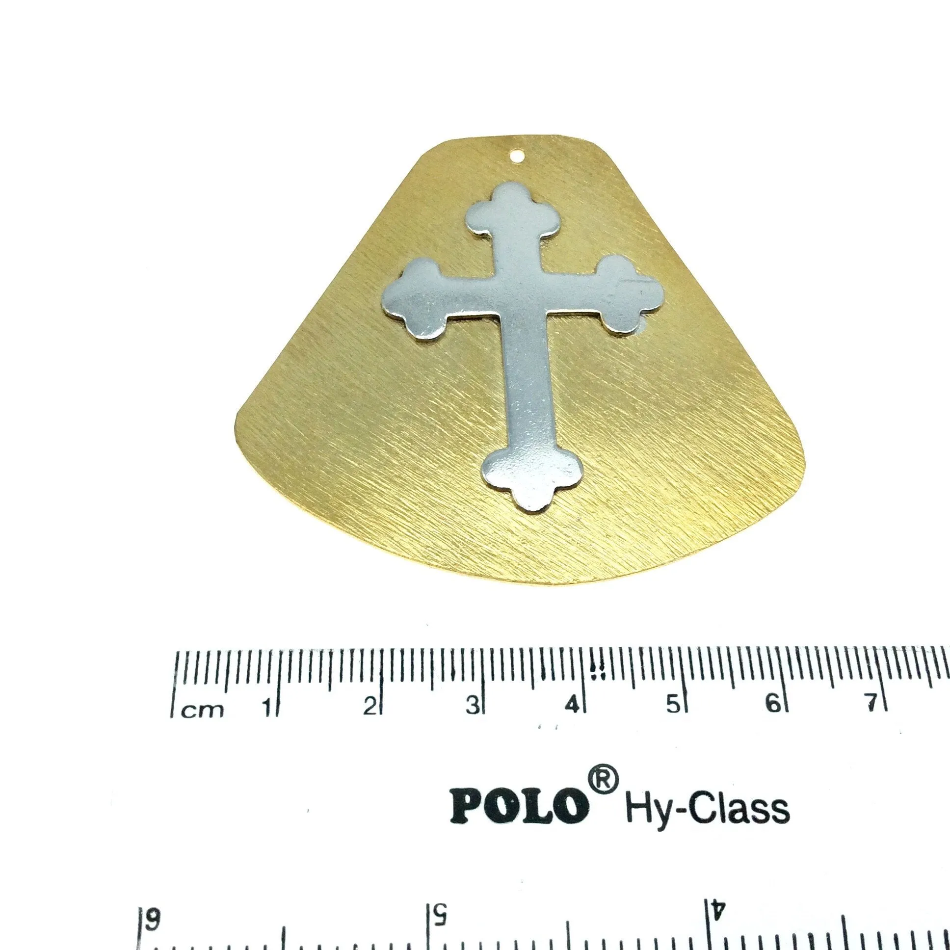 OOAK Rustic Shield Pendant - Gold Plated Abstract Bell Shape with Silver Plated Cross Embellishment - Measuring 57mm x 60mm