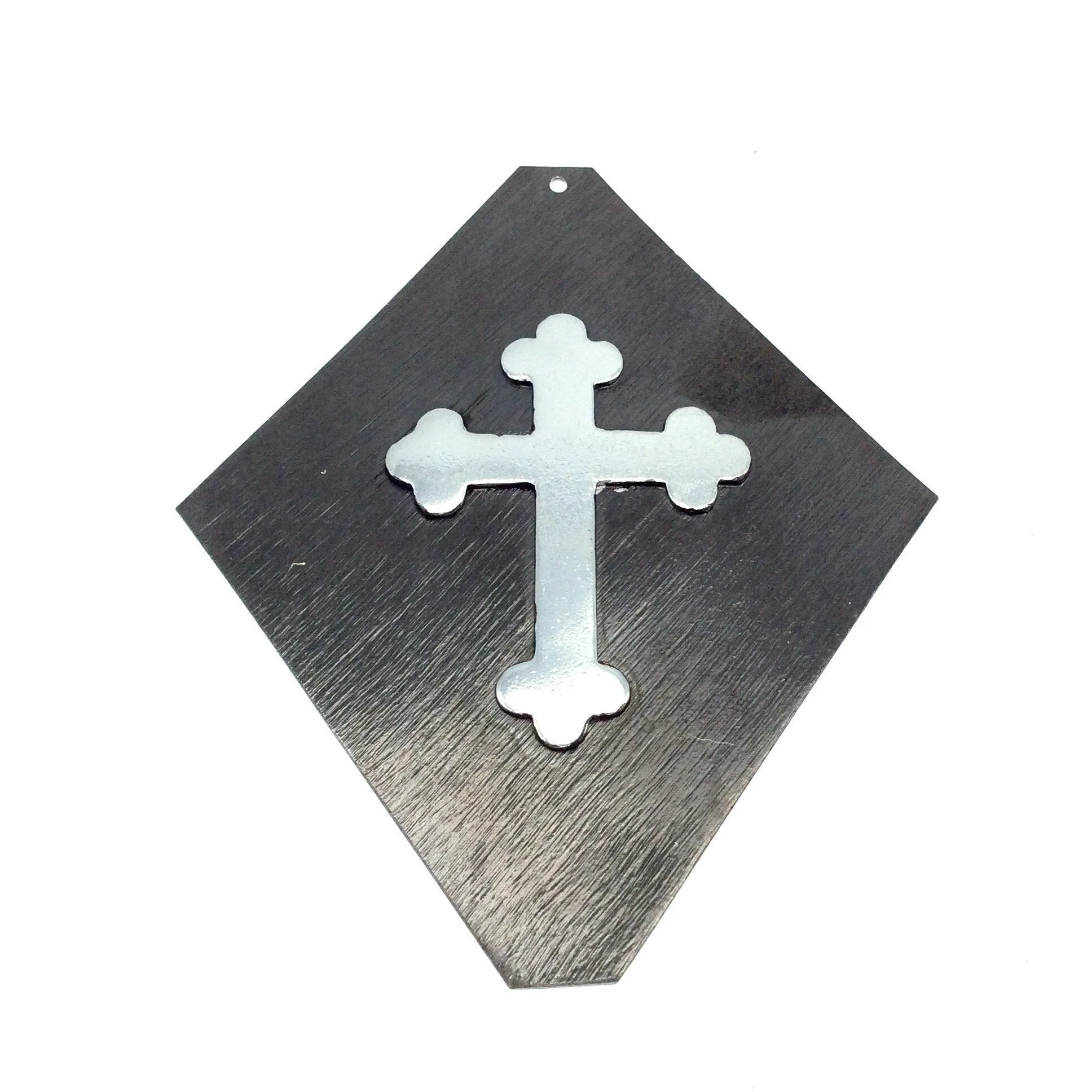OOAK Rustic Shield Pendant - Gunmetal Plated Kite Shape with Silver Plated Cross Embellishment - Measuring 66mm x 79mm