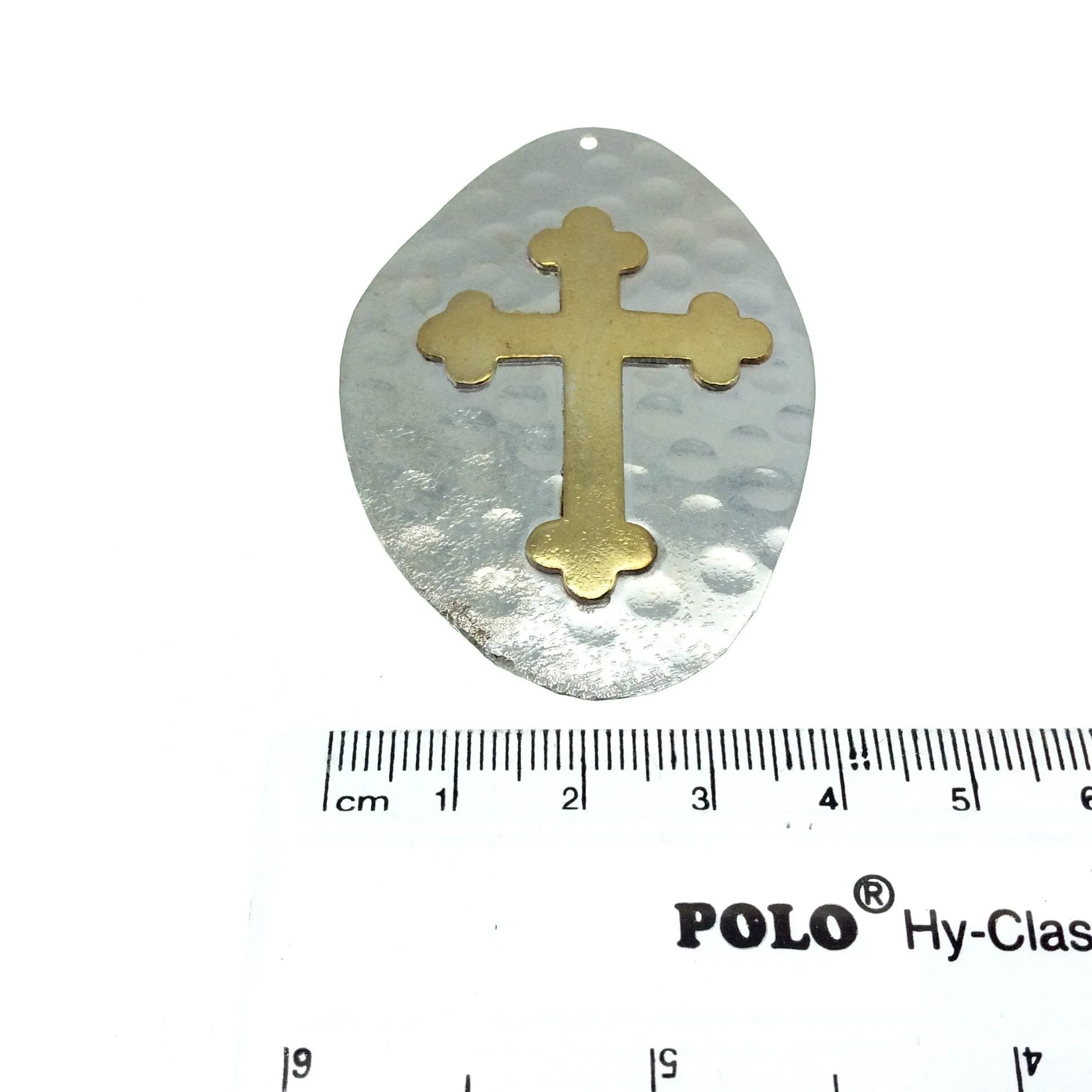 OOAK Rustic Shield Pendant - Silver Plated Hammered Freeform Oval Shape with Gold Plated Cross Embellishment - Measuring 42mm x 61mm