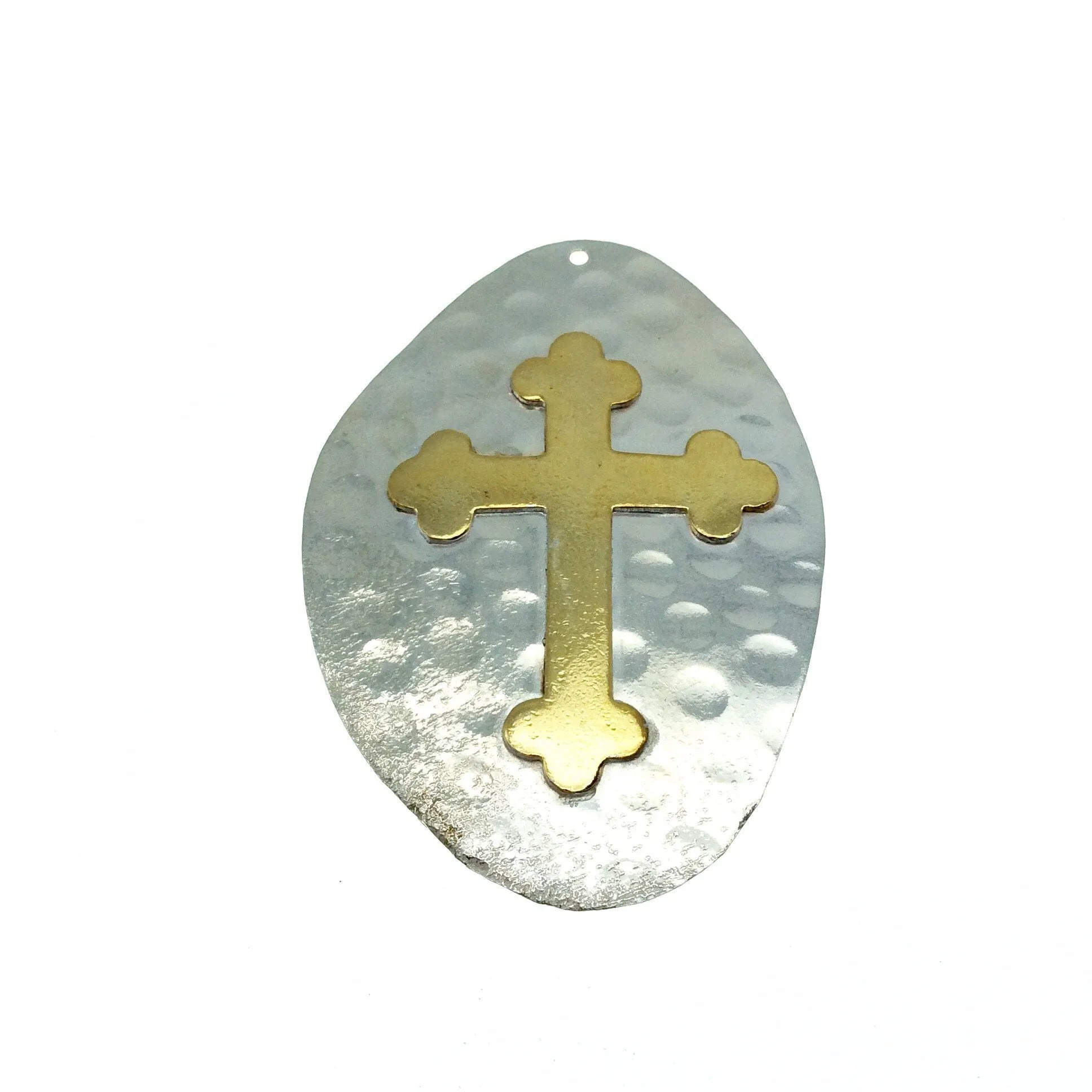 OOAK Rustic Shield Pendant - Silver Plated Hammered Freeform Oval Shape with Gold Plated Cross Embellishment - Measuring 42mm x 61mm