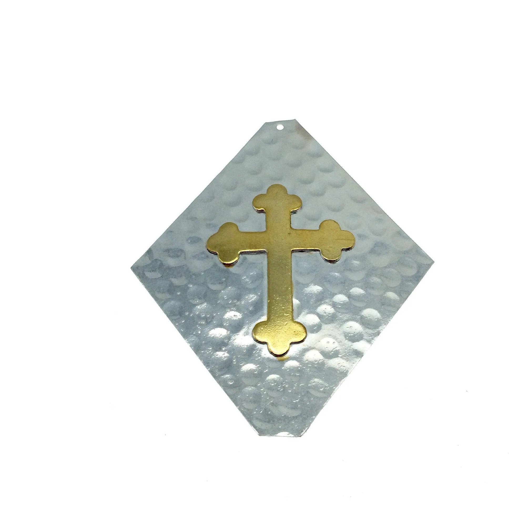 OOAK Rustic Shield Pendant - Silver Plated Hammered Kite Shape with Gold Plated Cross Embellishment - Measuring 65mm x 78mm