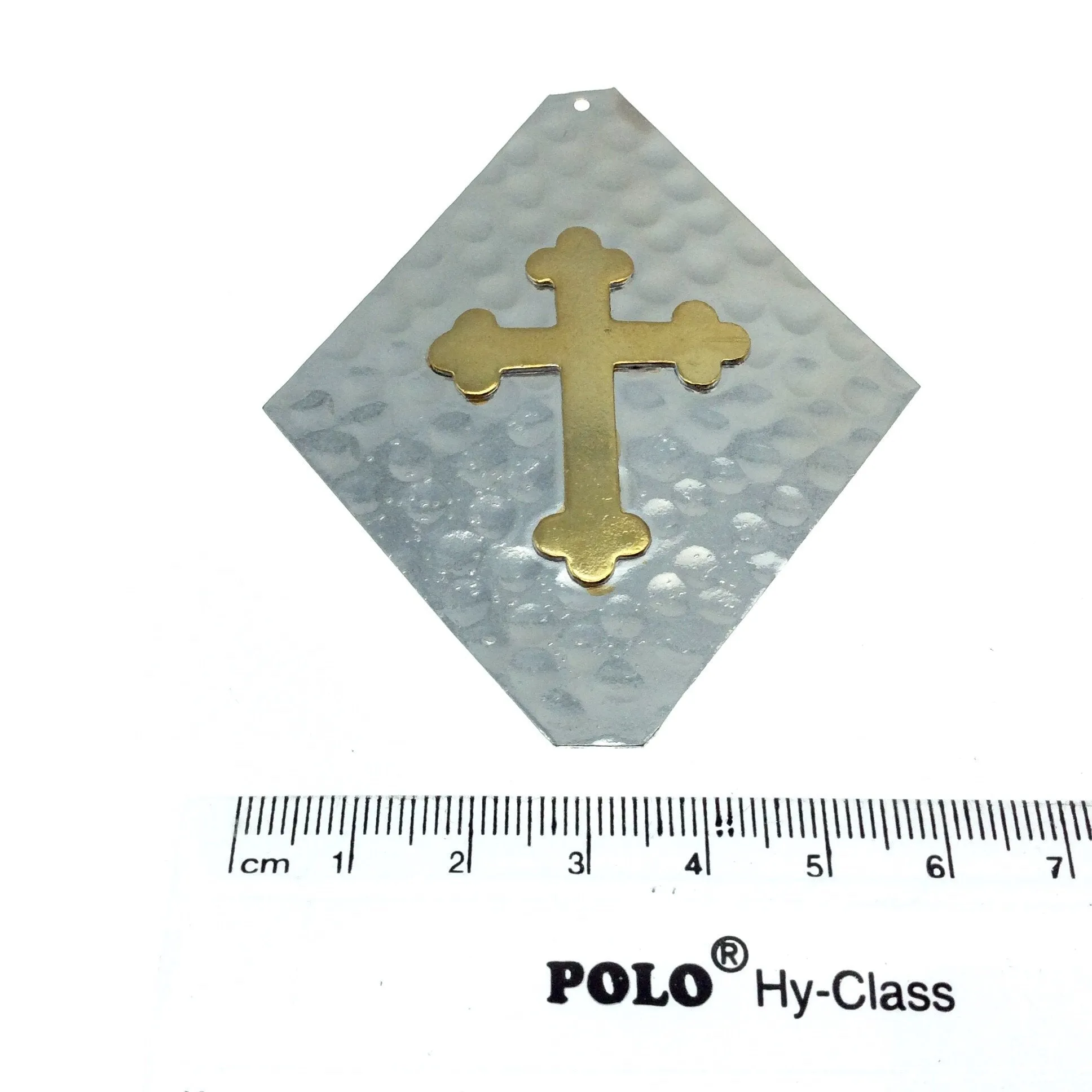 OOAK Rustic Shield Pendant - Silver Plated Hammered Kite Shape with Gold Plated Cross Embellishment - Measuring 65mm x 78mm