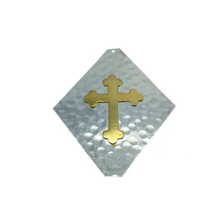 OOAK Rustic Shield Pendant - Silver Plated Hammered Kite Shape with Gold Plated Cross Embellishment - Measuring 65mm x 78mm