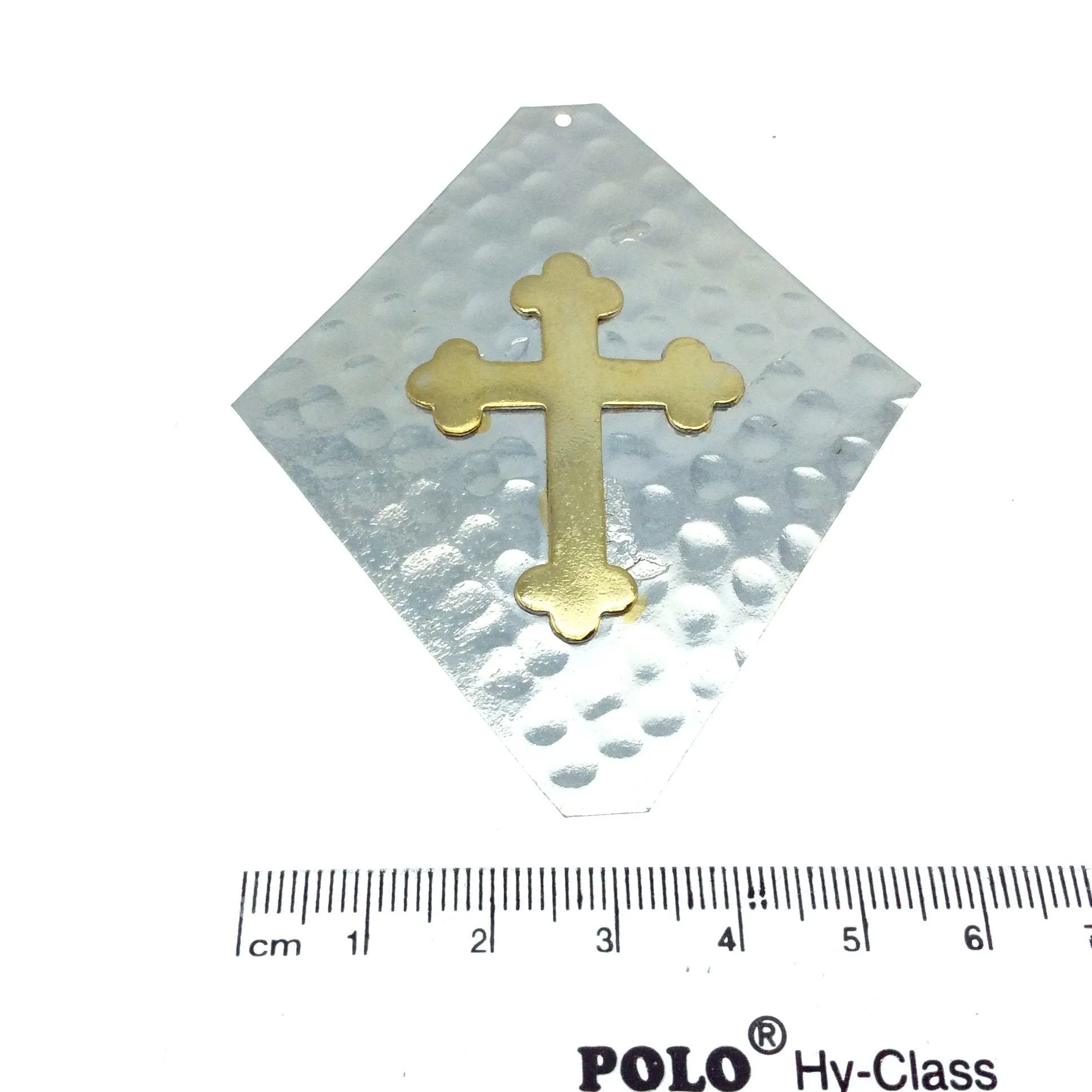 OOAK Rustic Shield Pendant - Silver Plated Hammered Kite Shape with Gold Plated Cross Embellishment - Measuring 66mm x 78mm
