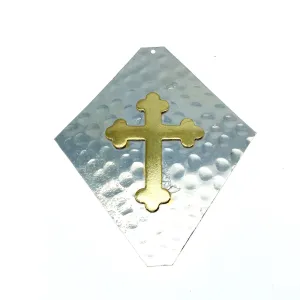 OOAK Rustic Shield Pendant - Silver Plated Hammered Kite Shape with Gold Plated Cross Embellishment - Measuring 66mm x 78mm
