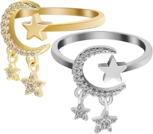 Open Wrap Ring Set Silver Star Moon Design Adjustable Finger Rings Perfect for Daily Occasions
