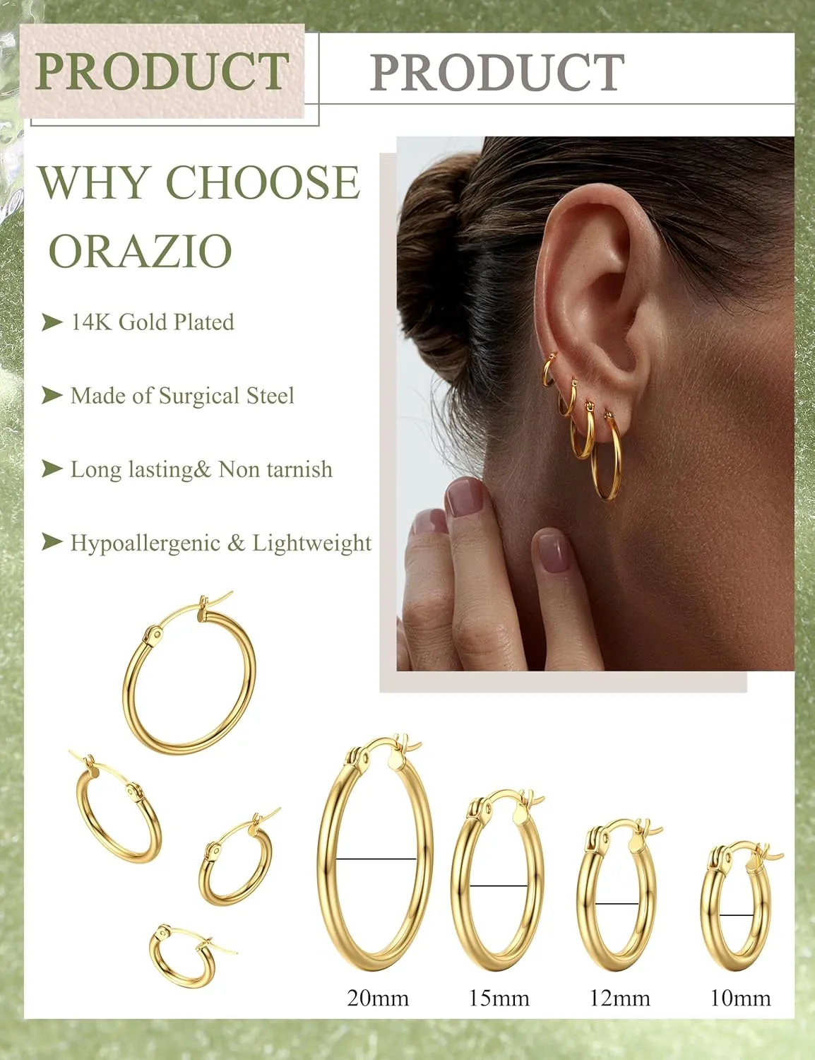 ORAZIO 4 Pairs Stainless Steel Hoop Earrings Set Cute Huggie Earrings for Women,10MM-20MM
