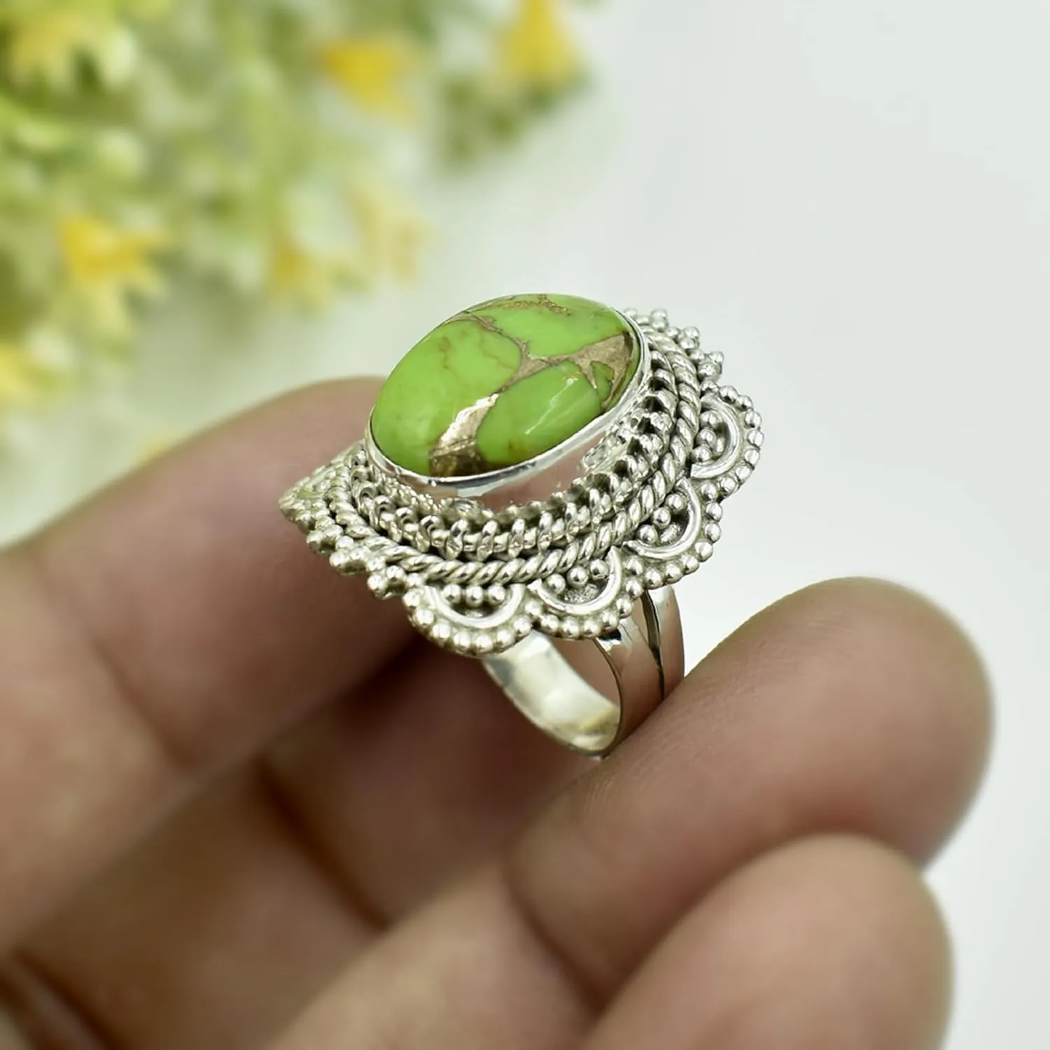 Oval Turquoise Ring, Sterling Silver Jewelry, Green copper turquoise rings, Midi Rings, Cocktail Ring, Turquoise Jewelry, Anniversary ring (10)