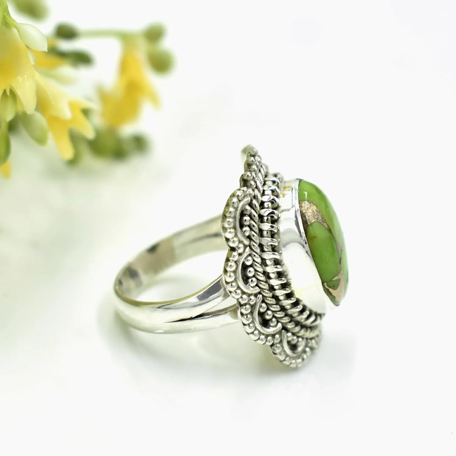 Oval Turquoise Ring, Sterling Silver Jewelry, Green copper turquoise rings, Midi Rings, Cocktail Ring, Turquoise Jewelry, Anniversary ring (10)