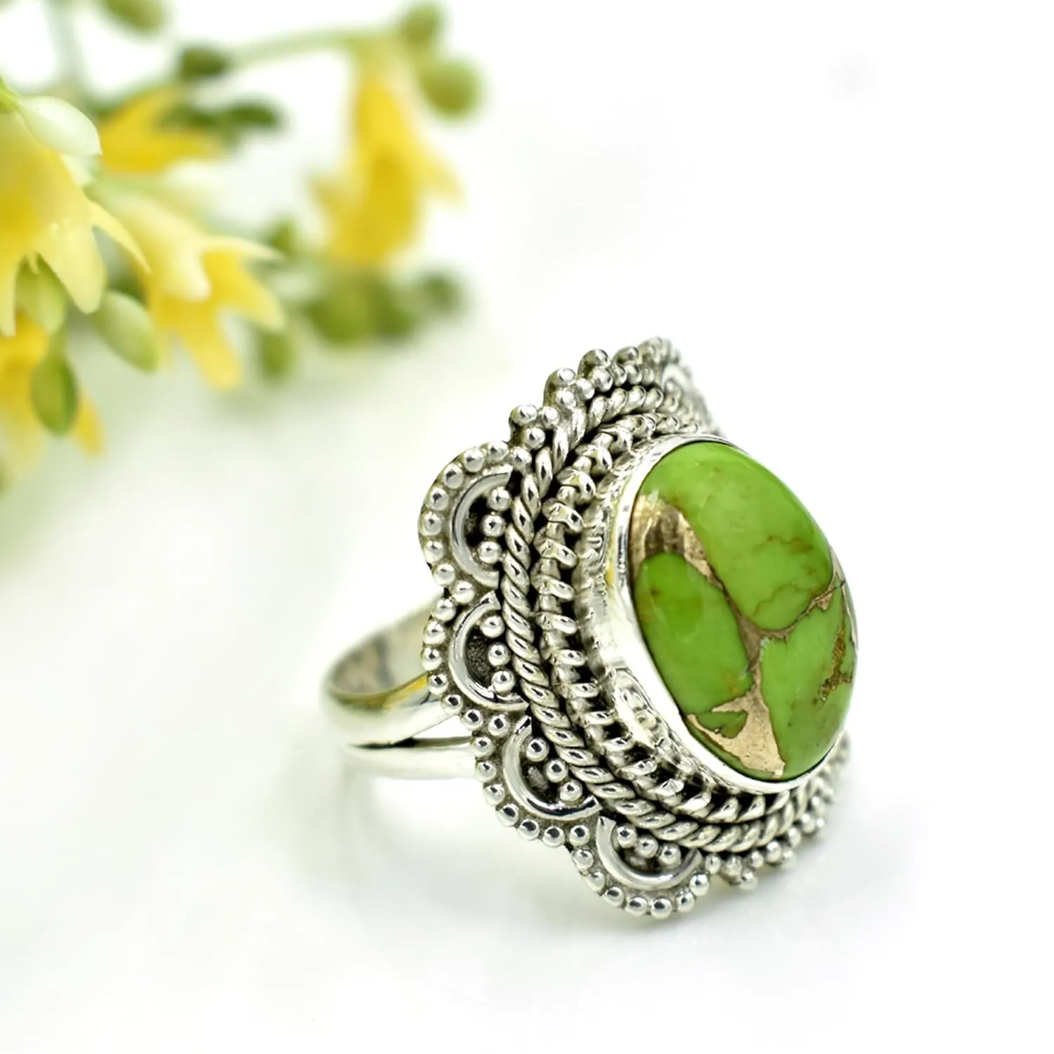 Oval Turquoise Ring, Sterling Silver Jewelry, Green copper turquoise rings, Midi Rings, Cocktail Ring, Turquoise Jewelry, Anniversary ring (10)