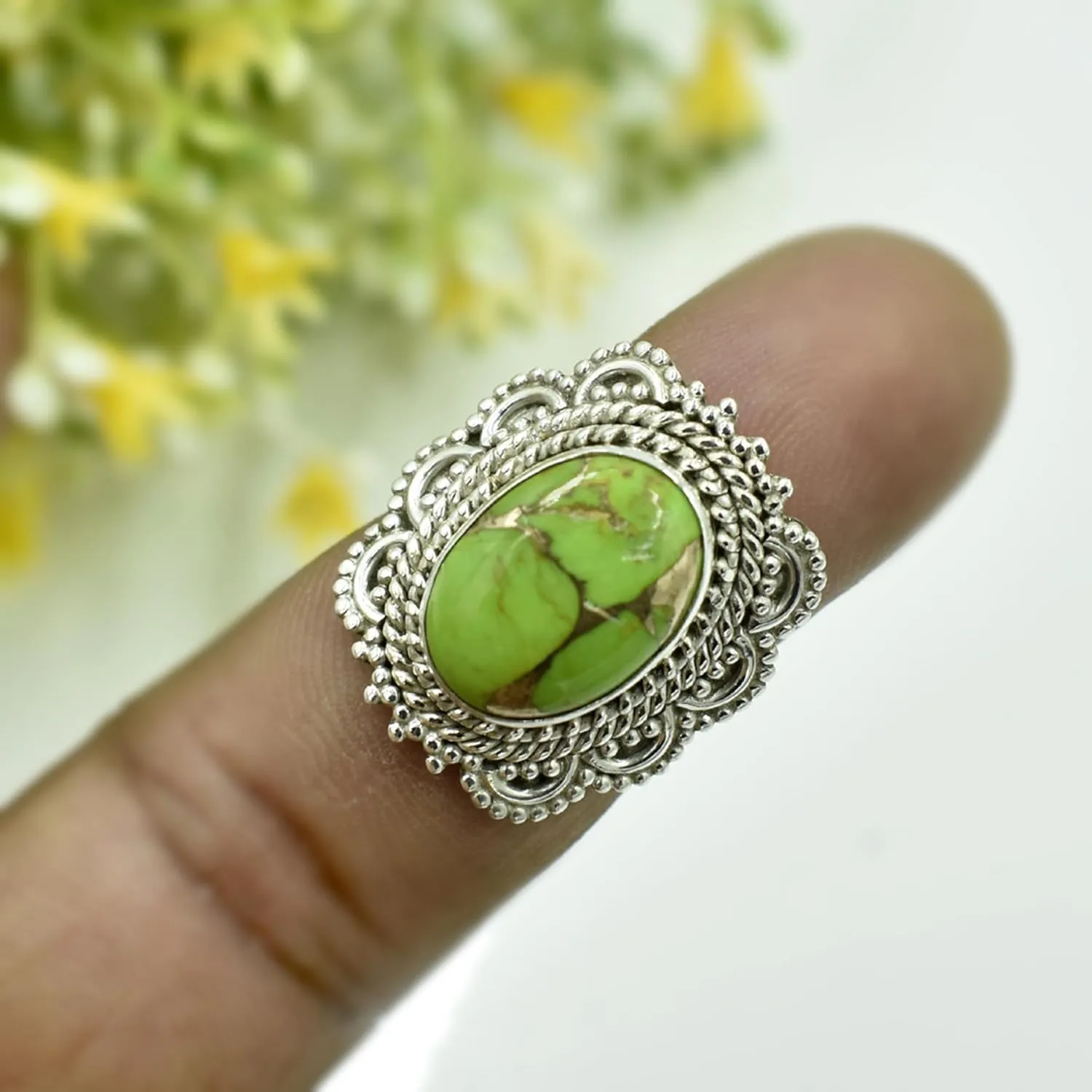 Oval Turquoise Ring, Sterling Silver Jewelry, Green copper turquoise rings, Midi Rings, Cocktail Ring, Turquoise Jewelry, Anniversary ring (10)
