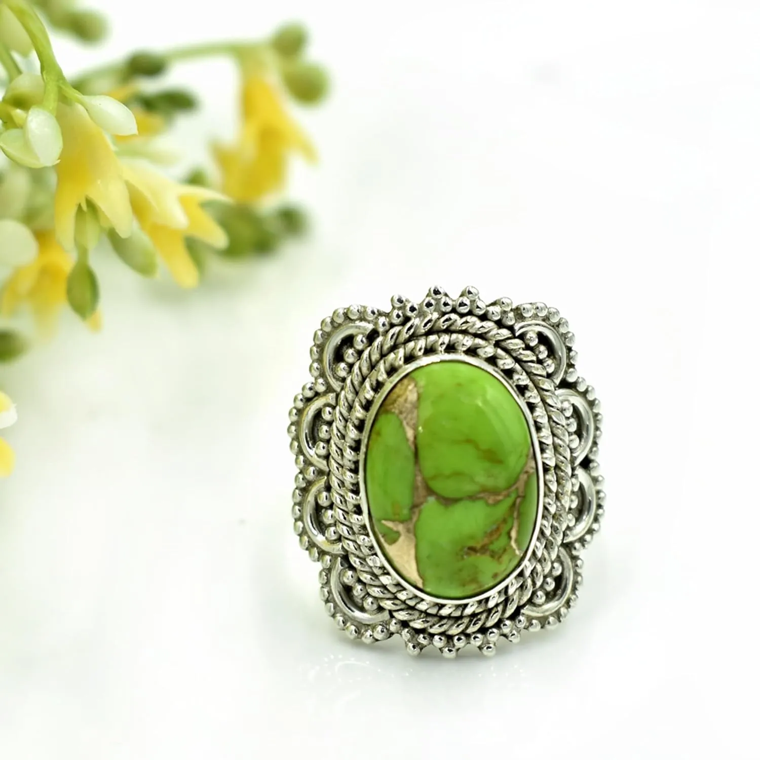 Oval Turquoise Ring, Sterling Silver Jewelry, Green copper turquoise rings, Midi Rings, Cocktail Ring, Turquoise Jewelry, Anniversary ring (10)