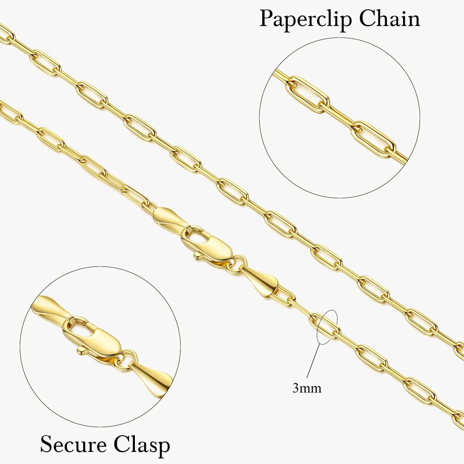 Paperclip Chain Necklace 14K Gold Necklace for Women 3mm Gold Chains Necklaces for Women & Men Non Tarnish Chain 16-26 Inches