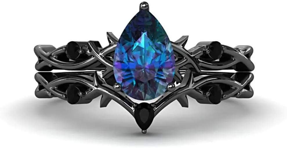 Pear Shaped Alexandrite Natural Gemstone Ring, Unique 2pcs 925 Sterling Silver Ring For Her