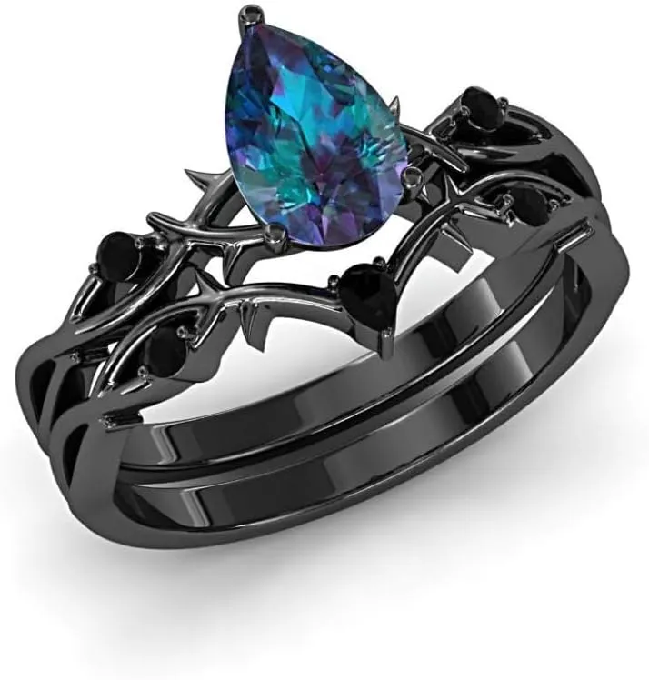 Pear Shaped Alexandrite Natural Gemstone Ring, Unique 2pcs 925 Sterling Silver Ring For Her