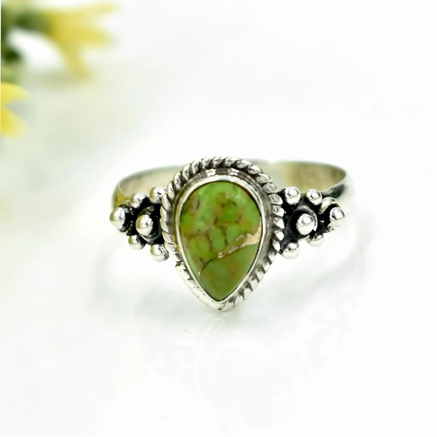 Pear Turquoise Ring Sterling Silver Jewelry Green copper turquoise rings Midi Rings Cocktail Ring Turquoise Jewelry Anniversary ring (11.5)