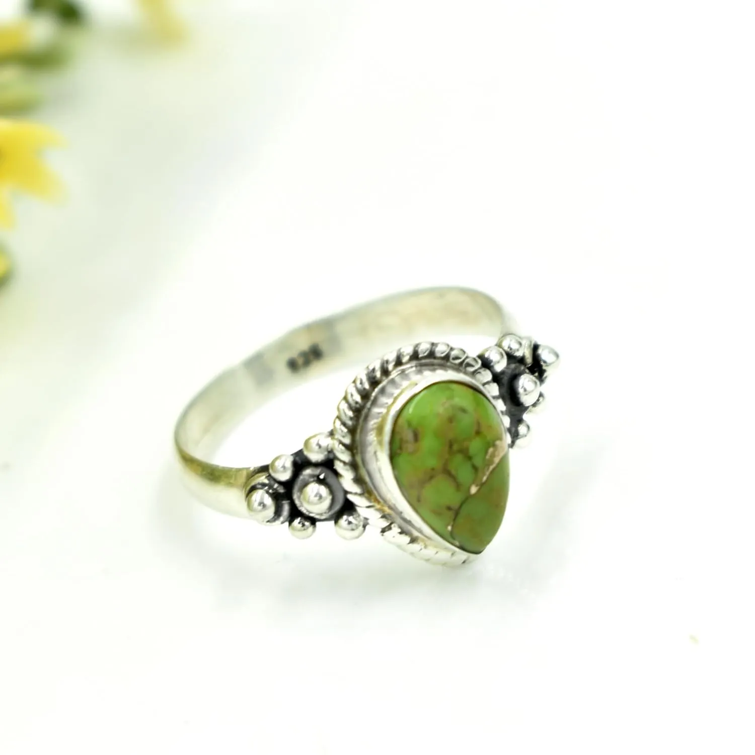 Pear Turquoise Ring Sterling Silver Jewelry Green copper turquoise rings Midi Rings Cocktail Ring Turquoise Jewelry Anniversary ring (11.5)