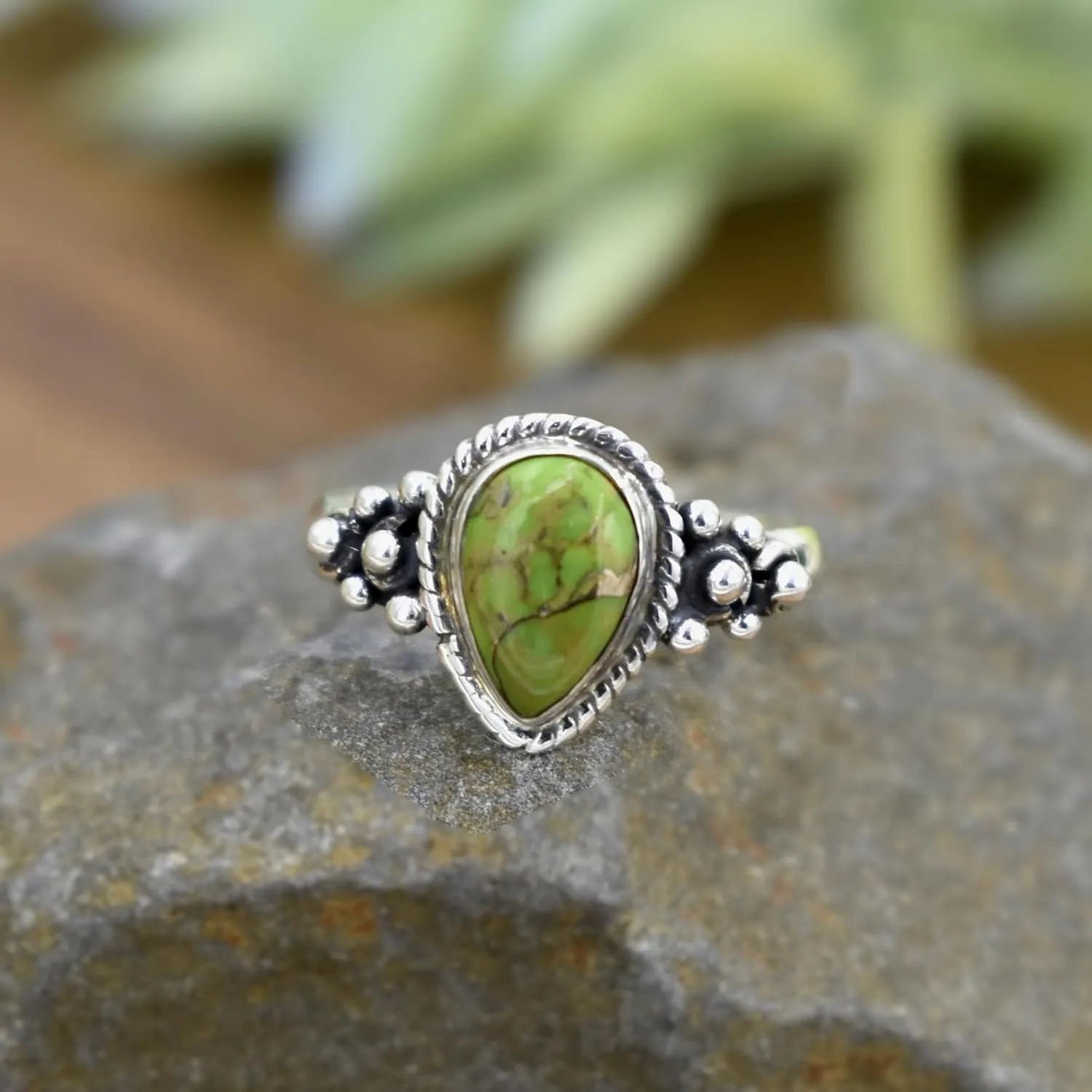 Pear Turquoise Ring Sterling Silver Jewelry Green copper turquoise rings Midi Rings Cocktail Ring Turquoise Jewelry Anniversary ring (11.5)