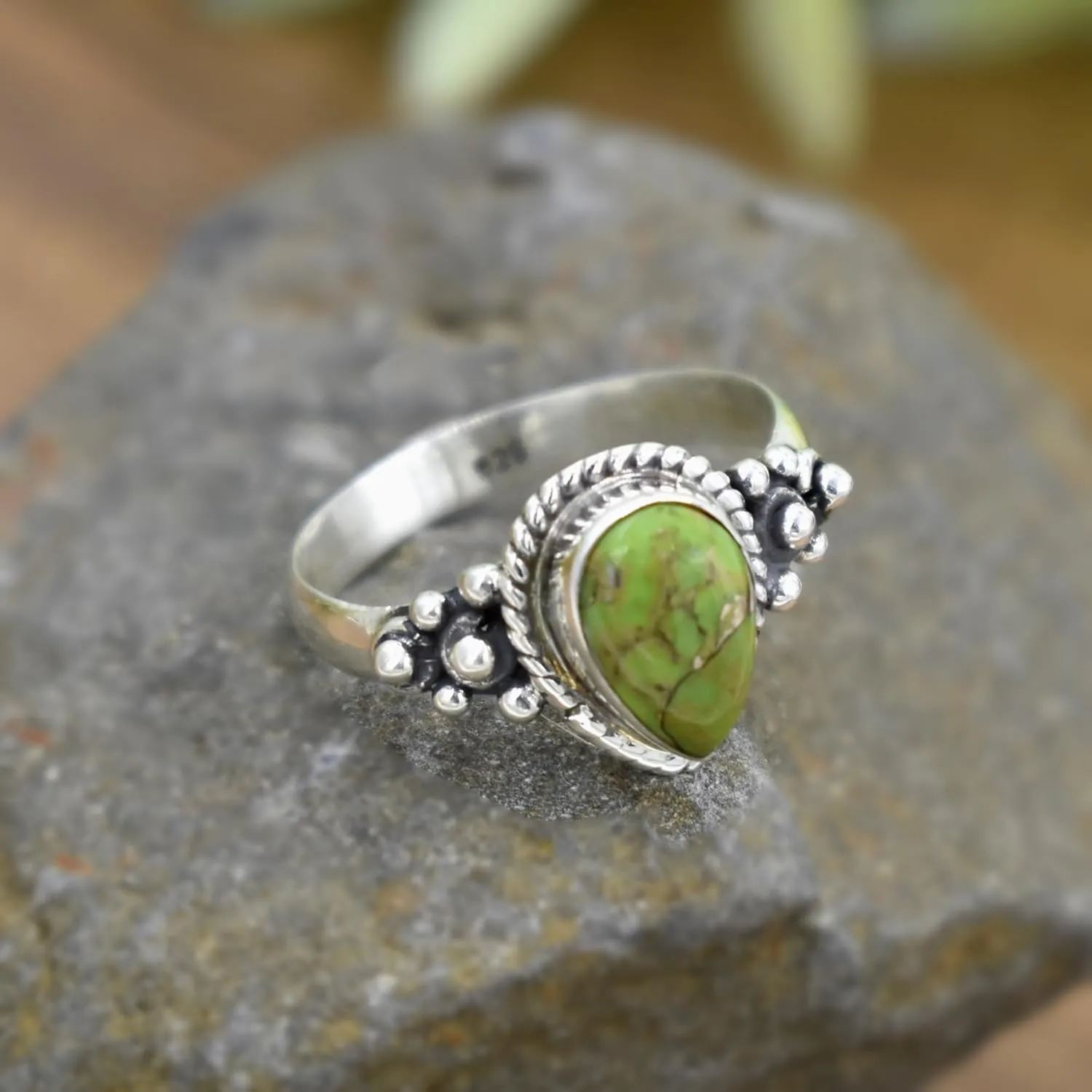 Pear Turquoise Ring Sterling Silver Jewelry Green copper turquoise rings Midi Rings Cocktail Ring Turquoise Jewelry Anniversary ring (11.5)