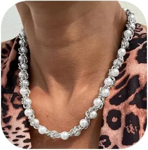 Pearl Chain Necklace for Women Gold Silver Chain Necklace Pearl Choker Statement Bridal Wedding Party Vintage Jewelry