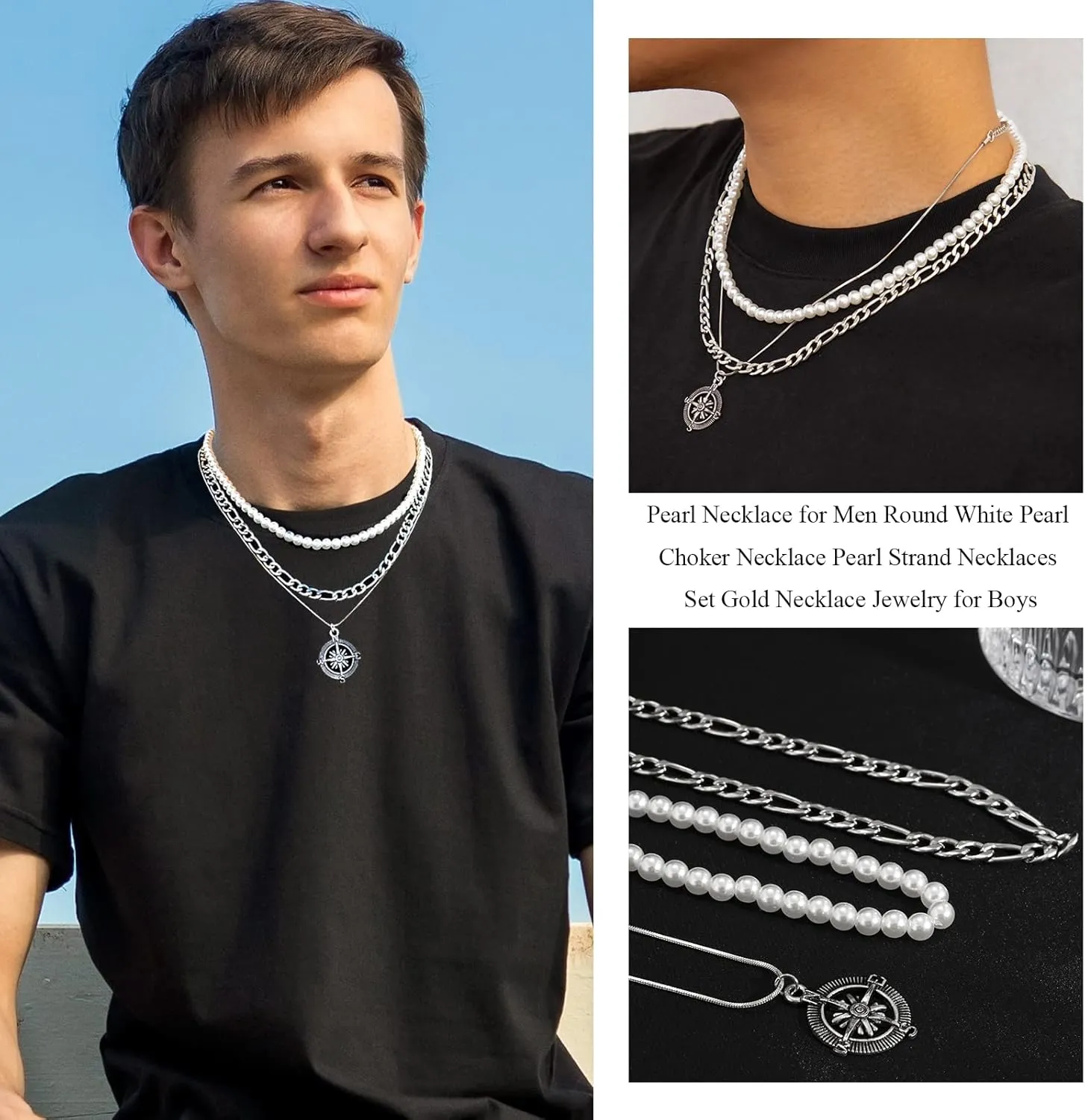 Pearl Choker Necklaces for Men White Pearl Necklace Set Gold Chain Layered Necklace Trendy Pearl Jewelry for Men Birthday Gifts for Boyfriend