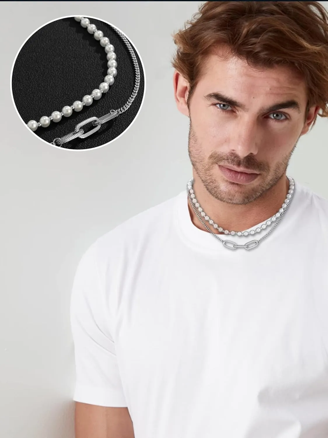 Pearl Choker Necklaces for Men White Pearl Necklace Set Gold Chain Layered Necklace Trendy Pearl Jewelry for Men Birthday Gifts for Boyfriend