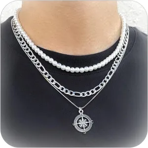 Pearl Choker Necklaces for Men White Pearl Necklace Set Gold Chain Layered Necklace Trendy Pearl Jewelry for Men Birthday Gifts for Boyfriend
