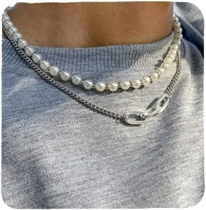 Pearl Choker Necklaces for Men White Pearl Necklace Set Gold Chain Layered Necklace Trendy Pearl Jewelry for Men Birthday Gifts for Boyfriend