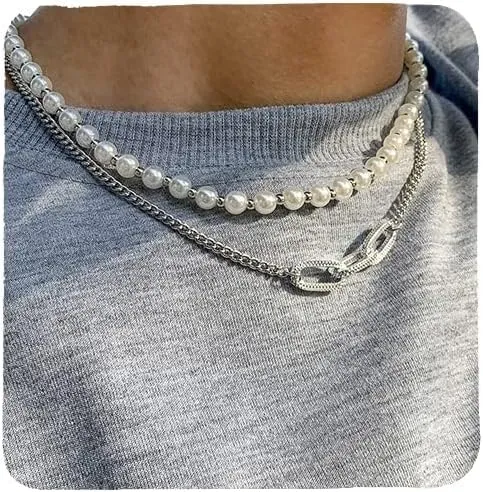 Pearl Choker Necklaces for Men White Pearl Necklace Set Gold Chain Layered Necklace Trendy Pearl Jewelry for Men Birthday Gifts for Boyfriend