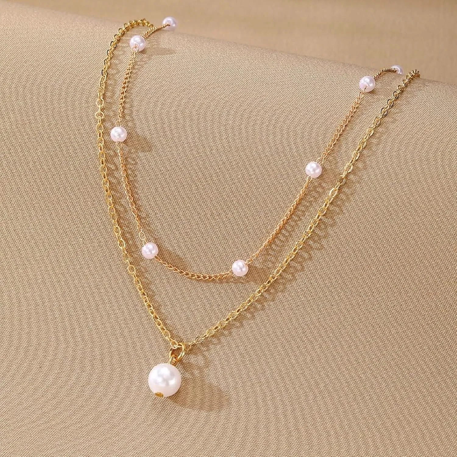 Pearl Layered Necklaces for Women, 14K Dainty Gold Necklace Pearl Cross Necklace Layering Chain Choker Jewelry Gift