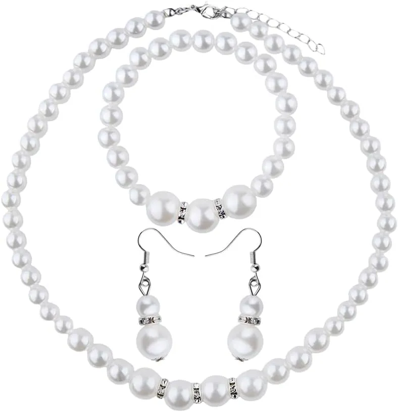Pearl Necklace And Earring Set Pearl Accessories Set for Women White Pearl Necklace Bracelet Earring Set Faux Pearl Earrings And Necklace Set Wedding Bridal Necklaces Earrings Bracelets for Women