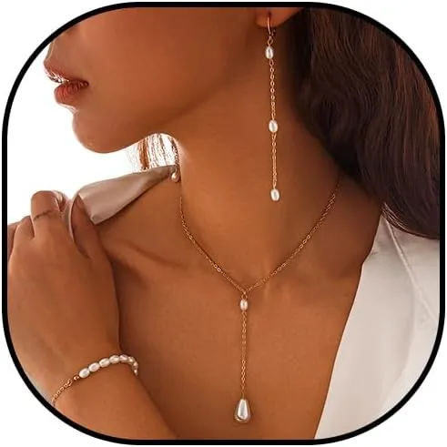 Pearl Necklace and Earring Set Pearl Jewelry Set for Women Beaded Necklace and Bracelet Set for Wedding Birthday Party Gift