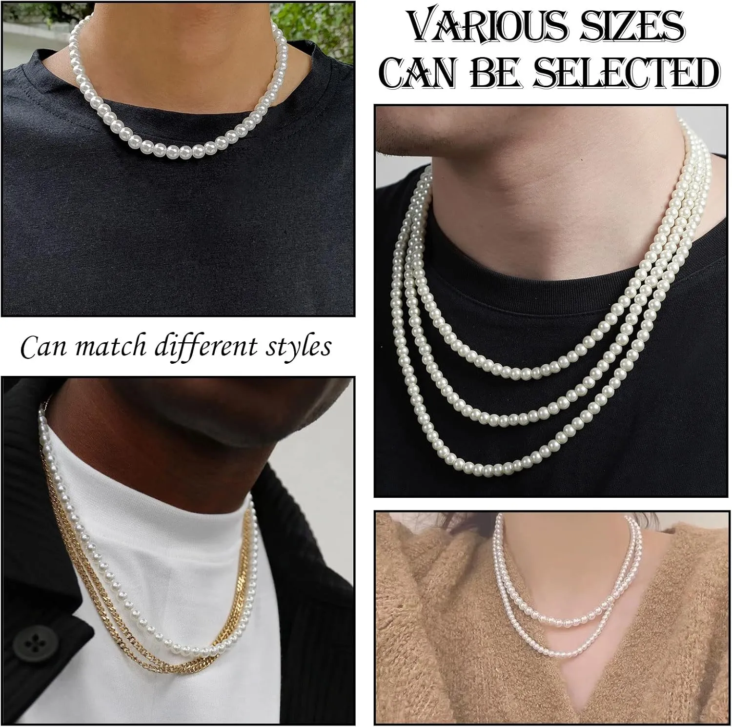 Pearl Necklace for Men Round White Pearl Choker Necklace for Women 6mm-10mm Pearl Necklace Jewelry Gift