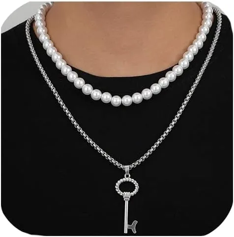 Pearl Necklace for Men,Round White Pearl Necklace for Women,Chain Pearl Choker Necklace,Handmade Pearl Strand Necklaces Set for Men