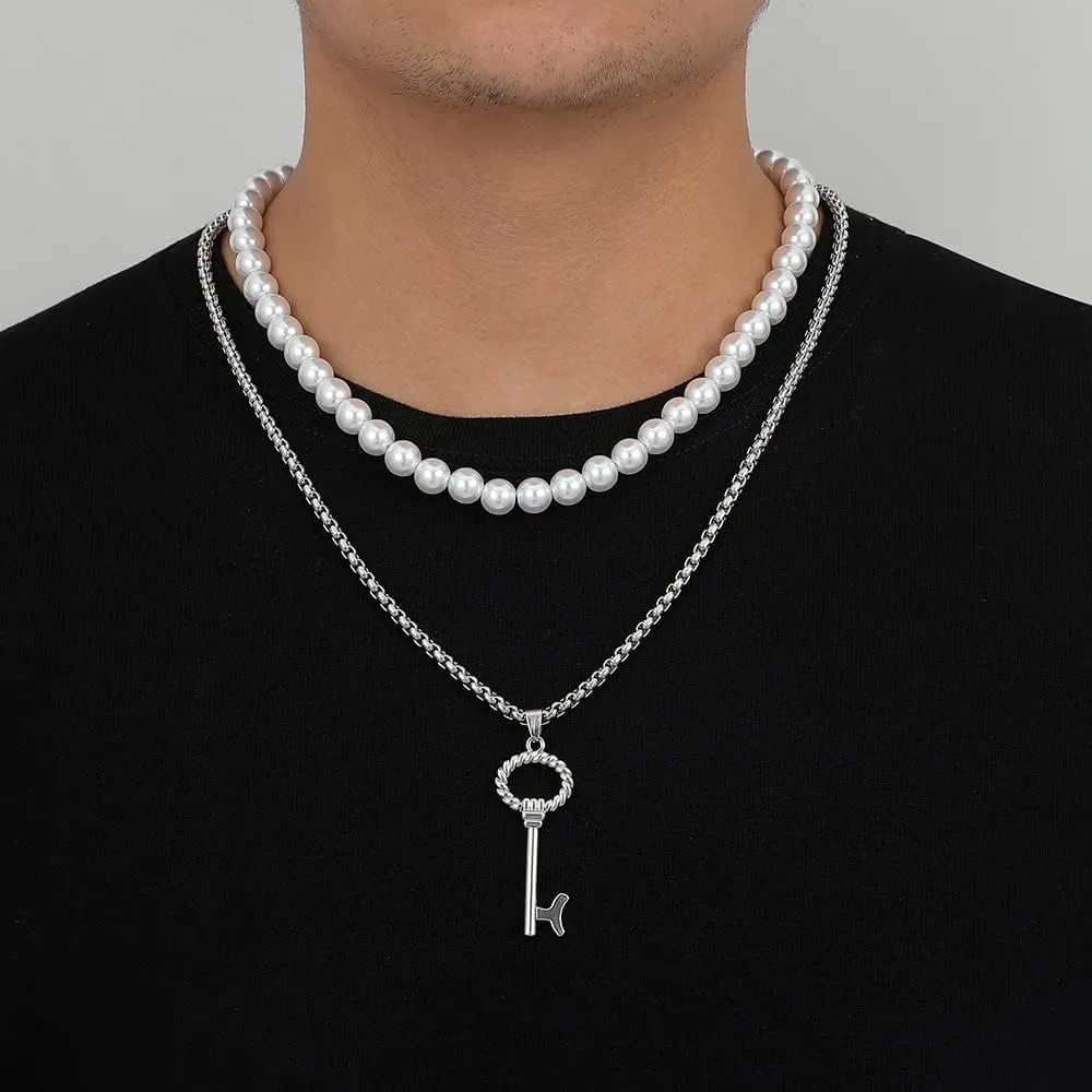 Pearl Necklace for Men,Round White Pearl Necklace for Women,Chain Pearl Choker Necklace,Handmade Pearl Strand Necklaces Set for Men