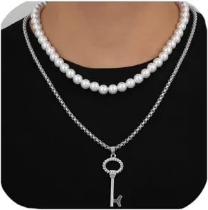 Pearl Necklace for Men,Round White Pearl Necklace for Women,Chain Pearl Choker Necklace,Handmade Pearl Strand Necklaces Set for Men